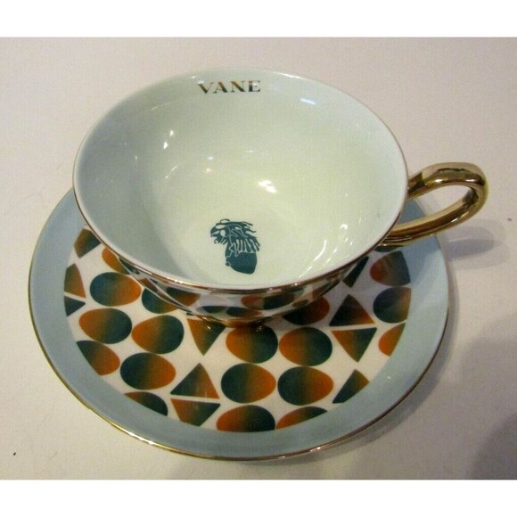 Vine Monogram Retro Modern Tea Set Designer Teacup Saucer Bone China NIB - Picture 13 of 13